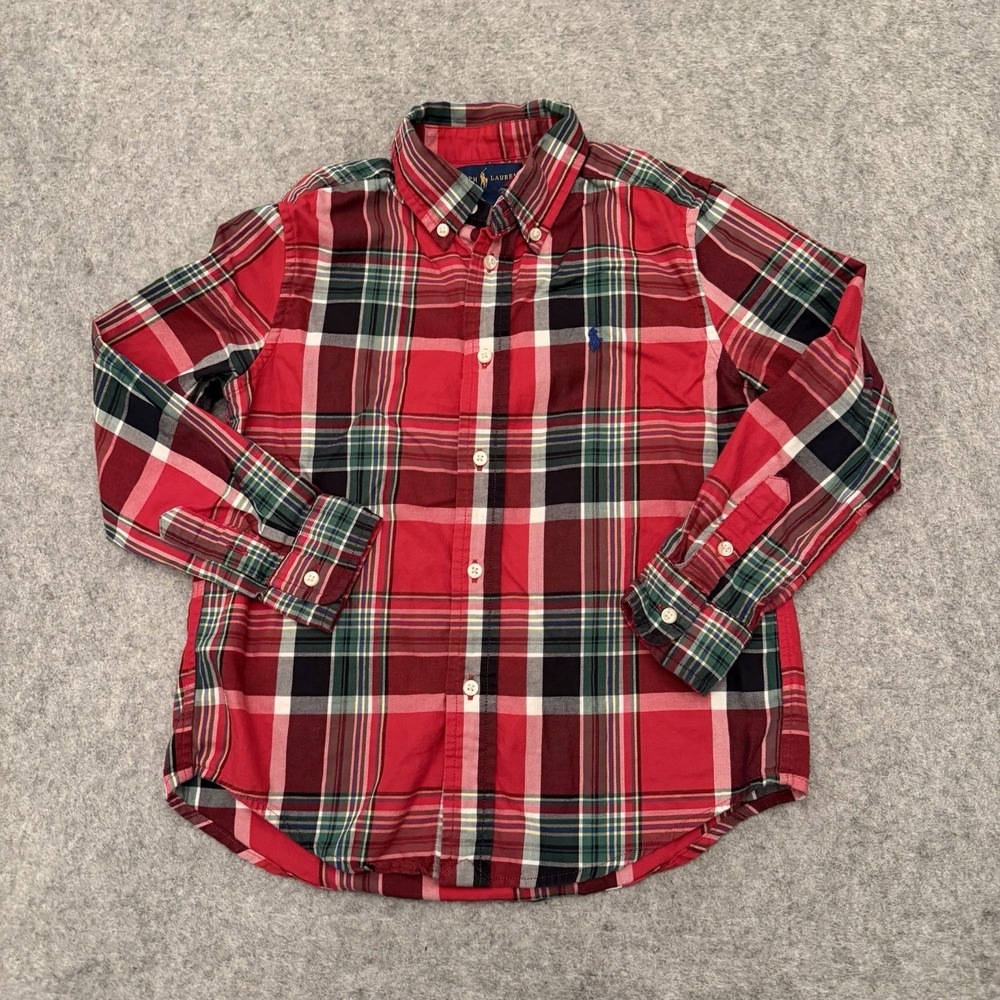 Ralph Lauren Boys Plaid Button Down Long Sleeve Shirt Preppy Red Green Size 6